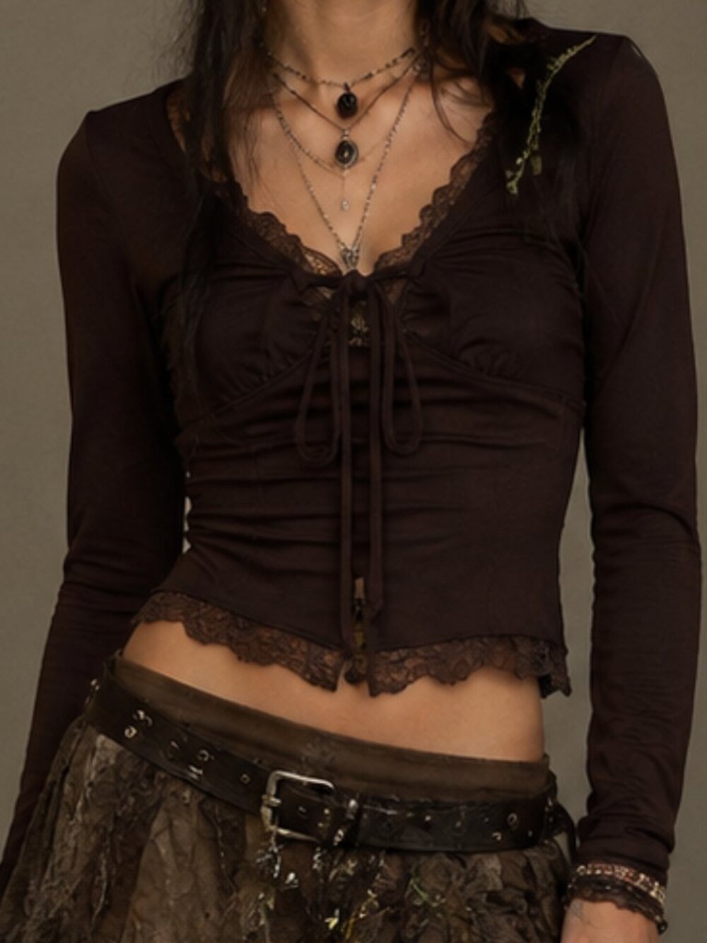 Dark Fairy Goblin Grunge Babydoll Top Long Sleeve Lace Trim Tie-Front Ribbed Rib